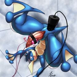 1boy anal anal_sex egg_vibrator frog greninja kivwolf male male_only nintendo penetration penis pokemon pokemon_(species) pokemon_xy sex_toy solo text veins veiny_penis vibrator vibrator_on_penis video_games