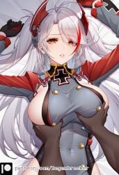 1girls ai_generated azur_lane dark-skinned_male degenbrecher grabbing_breasts large_breasts patreon patreon_username prinz_eugen_(azur_lane) subscribestar subscribestar_username