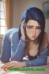 1girls ahq_hentai ai_generated arcane arcane_caitlyn blue_hair blush breasts caitlyn_kiramman exposed_breasts league_of_legends medium_breasts nipples nsfw pajamas shy solo_female stable_diffusion