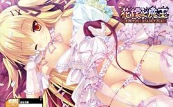 ;) absurdres blonde_hair bouquet bow bow_panties breasts celica_tepes_lunatica clothing dengeki_hime dress dress_lift dress_pull female flower garter_belt gloves hanayome_to_maou highres large_breasts lowleg lowleg_panties lying nipples no_bra one_eye_closed orange_eyes panties panty_pull petals pink_panties shiromochi_sakura side-tie_panties smile string_panties tied_hair twintails underwear white_panties