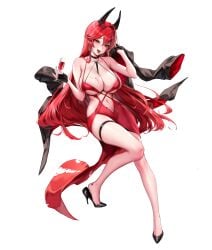 cian_yo cianyo clothing earrings glass_of_wine red_dress red_hair_female red_hood_(nikke) red_hood_(nonsense_red)_(nikke)