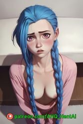 1girls ahq_hentai ai_generated arcane arcane_jinx blue_hair blush breasts exposed_breasts jinx_(league_of_legends) league_of_legends nipples nsfw pajamas pink_eyes shy solo_female stable_diffusion