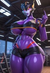 1robot_girl 3d airachnid alternate_version_available big_breasts breasts erect_nipples giantess glowing_eyes nipple_bulge nipples nipples_visible_through_clothing no_bra panties purple_body purple_eyes purple_skin roger1011 thick_thighs transformers transformers_prime underboob