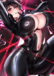 big_breasts cian_yo cianyo highlighted_hair leather_clothing quency_(escape_queen)_(nikke) quency_(nikke) wide_hips