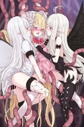 3girls absurdres ahoge airy_(bravely_default) anne_(bravely_second) arms_up ass ass_visible_through_thighs bar_censor between_thighs black_gloves black_leotard black_thighhighs blonde_hair blue_eyes blush bravely_default:_flying_fairy bravely_default_(series) bravely_second:_end_layer butterfly_wings censored closed_eyes commission commissioner_upload consensual_tentacles crossover defeat face-to-face fairy fairy_wings frottage girl_sandwich gloves grabbing_another's_breast grabbing_another's_thighs groping gulp5959 hana_koi_(gulp5959) highres insect_wings leg_lock leg_up legs legs_apart leotard long_hair magical_girl moaning molestation multiple_girls open_mouth original pink_leotard pointy_ears rape restrained sandwiched skeb_commission smile standing standing_on_one_leg straddling tentacle tentacles_under_clothes thighhighs thighs vaginal_penetration very_long_hair white_gloves white_hair white_leotard white_thighhighs wings yuri