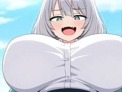 ai_generated blue_eyes female huge_breasts looking_at_viewer schoolgirl_uniform shoulder_length_hair silver_hair teamrocktgrl tejina_senpai tejina_senpai_(character) tejina_senpai_(series)