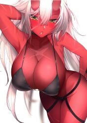 akumi armpits bare_shoulders bent_over bikini black_bikini blush breasts cleavage collarbone dark_skin eyebrows_visible_through_hair female hair_between_eyes horns huge_breasts long_hair looking_at_viewer navel oni oni_horns open_mouth red_oni red_skin simple_background skindentation solo swimsuit thighs very_long_hair virtual_youtuber vyugen white_background white_hair yellow_eyes