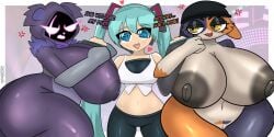 2d_(artwork) 3girls annoyed areolae ass big_ass big_breasts blue_hair breasts clothed domestic_cat english_text epic_games feline fortnite front_view gloves hatsune_miku huge_ass huge_breasts hyper_breasts long_hair meow_skulls_(fortnite) misterilands multicolored_body naked purple_body purple_fur raven_team_leader side_view sideboob text thick_thighs turquoise_hair ursid ursine vocaloid wide_hips