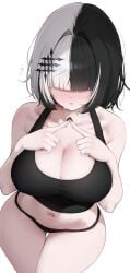 1girls big_breasts black_hair blush breasts busty cleavage female female_only goth goth_girl hair_covering_eyes hi_res hololive hololive_japan midriff panties shiori_novella short_hair shy sweatdrop tank_top two_tone_hair white_hair