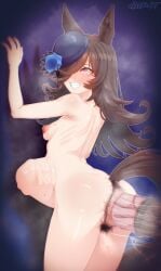 1boy absurdres anal animal_ears animal_penis arm_up armpit_crease artist_logo artist_name blue_background blue_flower blue_hat blue_rose blush breasts brown_hair cheesoart cowboy_shot female female_pubic_hair flower gigantic_penis hair_over_one_eye hat highres horse_ears horse_girl horse_penis horse_tail large_areolae large_insertion logo long_hair mole mole_on_armpit mole_on_stomach nipples nude one_eye_covered penis pink_eyes pubic_hair puffy_nipples rice_shower_(umamusume) rolling_eyes rose sex sex_from_behind small_breasts steaming_body stomach_bulge straight tail thighs tilted_headwear umamusume uncensored veins veiny_penis very_long_hair zoophilia