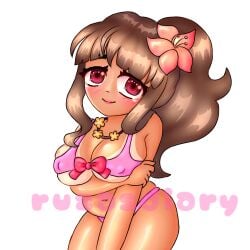 big_breasts bikini chubby chubby_female covered_nipples covering_crotch cute_face flower_in_hair iris_(project_qt) pink_panties project_qt round_belly ruzasdiary ruzasdiary_(artist) tan_skin underwear white_background