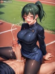 1boy 1girls ai_generated blush cowgirl_position cum cumshot excited glasses green_hair handjob highres jacket jujutsu_kaisen large_breasts large_penis looking_at_viewer malth medium_hair outdoors pantyhose red_glasses running_track sitting sitting_on_person smile thick_thighs uniform yellow_eyes zenin_maki