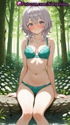 1girls ai_generated anime anime_style aqua_bra aqua_panties arm_support arms_at_sides bangs bare_arms bare_shoulders blush bow bow_bra bow_panties bra breasts bust busty cleavage closed_mouth clothing collarbone crossed_bangs day feet_out_of_frame female female_focus female_only flower forest green_bra green_panties grey_eyes grey_hair hair_between_eyes hentai hi_res high_quality high_resolution highres knees_together_feet_apart lingerie looking_at_viewer medium_breasts medium_hair natsuyoru nature navel nose_blush oc original original_character outdoors panties pantsu patreon purple_hair ribs silver_hair sitting smile soaking_feet solo solo_female stomach sweat thighs tree underwear underwear_only voluptuous voluptuous_female water wet white_flower