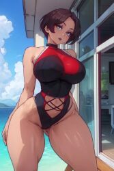 1girls ai_generated big_breasts mature mature_female mature_woman milf new_game! one-piece_swimsuit public queen_draos shinoda_hajime short_hair thick_legs thick_thighs wide_hips