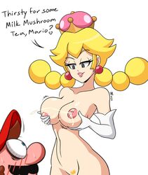 1boy 1girls areolae big_breasts blonde_hair blonde_pubic_hair blue_eyes blush breasts breasts_grab brown_hair cap crown earrings elbow_gloves english_text eyebrows_visible_through_hair female fungi_fauna gloves grey_eyes half-closed_eyes hat holding_breast jiggling lactation lips lipstick male mario mario_(series) mergeritter milk motion_lines mustache new_super_mario_bros._u_deluxe nintendo nipples nude nude_female pale_skin peachette pigtails pubic_hair red_face smile super_crown super_mario_bros. sweatdrop teeth text toadette video_games white_background wide_hips