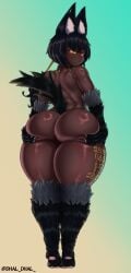 absurd_res animal_ears animal_humanoid animal_tail arm_tattoo ass big_butt black_hair canid canid_humanoid canine canine_humanoid claws dhaldhal ear_piercing female green_background grey_claws hair hi_res hieroglyphics huge_butt humanoid inner_ear_fluff jackal_humanoid leg_tattoo looking_at_viewer looking_back looking_back_at_viewer mammal mammal_humanoid open_mouth pawpads piercing pupils rear_view short_hair simple_background slit_pupils solo spread_butt spreading tan_background tattoo thick_thighs thigh_tattoo tuft wide_hips yellow_eyes