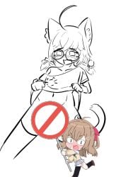 2girls ahoge anonymous_artist blush cat_ears cat_girl cat_tail censored chibi covering_crotch female flashing glasses indie_virtual_youtuber looking_down minikomew neuro-sama no_panties open_mouth pigtails shirt_lift sign sketch solo solo_focus tears virtual_youtuber vtuber wavy_mouth