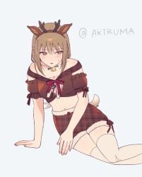 aktruma alternate_costume bell_collar blush brown_hair christmas christmas_outfit embarrassed fake_animal_ears fake_antlers female female_only fully_clothed gintama hairband light_brown_hair long_hair looking_at_viewer looking_away mutsu_(gintama) red_eyes reindeer_antlers reindeer_ears shy sitting solo sweatdrop thighhighs white_legwear white_thighhighs zettai_ryouiki