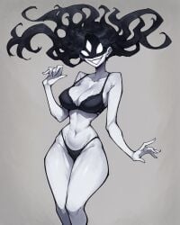 1girls 3_eyes ai_generated arrogant black_bra black_hair black_panties black_skin creepy falsegate floating_hair humanoid identity_v idv ivy_(identity_v) large_breasts longhair monster_girl multi_eye navel nipples pale_skin simple_background smile solo stable_diffusion white_eyes wide_hips