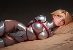 1girls ai_generated blonde_hair bondage captive captured captured_heroine defeated defeated_heroine female knight petite shackles skin_tight thighhighs veve