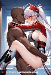 1girls ai_generated azur_lane dark-skinned_male degenbrecher heart-shaped_pupils lifting_person patreon patreon_username prinz_eugen_(azur_lane) rolling_eyes sex subscribestar subscribestar_username