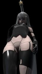 android android_girl blue_eyes functionally_nude functionally_nude_female naked naked_female nier nier:_automata nier_(series) no_pants silver_hair vagina yorha_a2