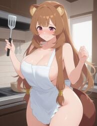 ai_generated brown_hair cleavage large_breasts light-skinned_female naked_apron nekomimi purple_eyes raccoon_ears raccoon_girl raphtalia the_rising_of_the_shield_hero