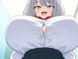 ai_generated blue_eyes female huge_breasts looking_at_viewer schoolgirl_uniform shoulder_length_hair silver_hair teamrocktgrl tejina_senpai tejina_senpai_(character) tejina_senpai_(series)