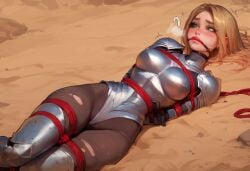 1girls ai_generated blonde_hair bondage captive captured captured_heroine defeated defeated_heroine female knight petite shackles skin_tight thighhighs veve