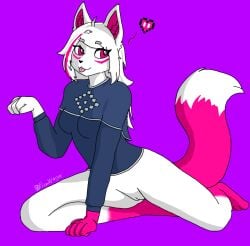 anthro female fluffy fromw1njer genitals hair male male/female paws pink_body pink_ears pink_eyes pink_tail pussy slim solo tail white_body white_hair yoki_j_(yj)