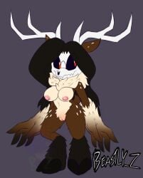 american_mythology anthro antlers areola arm_tuft beastly_z5 big_breasts black_hair black_sclera bone breasts brown_body brown_fur female front_view fur genitals grey_background grey_body grey_fur hair hi_res hooves horn indigenous_north_american_mythology long_hair mythology navel neck_tuft nipples north_american_mythology nude pink_areola pink_nipples pussy red_eyes simple_background skull skull_head solo tan_body tan_fur thick_thighs tuft wendigo white_antlers wide_hips