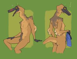 anthro ass balls blush bodily_fluids boxers_(clothing) clothing dinosaur embarrassed erection exclamation_point feathered_dinosaur feathered_scalie feathers flaccid genitals hi_res jude_(zagz) male nude ornithomimid penis prehistoric_species reptile scalie solo sweat theropod underwear underwear_in_hand zagz