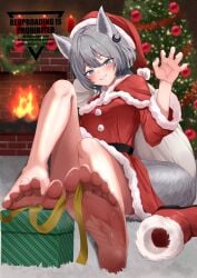 ahoge animal_ears arm_up armpits bare_shoulders barefoot bikini blue_eyes blush box breasts christmas cowboy_shot dress feet female foot_focus gift gift_box grey_hair hat highres holding indie_virtual_youtuber long_sleeves looking_at_viewer nanao_sakuya navel no_shoes open_mouth outdoors pokokaki santa_costume santa_dress santa_hat short_hair shorts signature skirt sky soles solo stomach sweat swimsuit tail toes virtual_youtuber