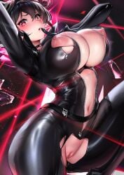 big_breasts cian_yo cianyo clothing damaged_clothing leather_clothing quency_(escape_queen)_(nikke) quency_(nikke) shaved_pussy wide_hips