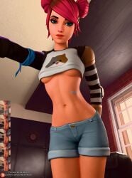 1girls 3d 3d_(artwork) belly darkbahamuth female fortnite human midriff petite shirt shorts skye_(fortnite) small_breasts solo summer_skye_(fortnite) teenager underboob young younger_female