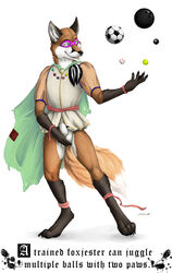 animal_genitalia ball black_fur black_nose bowling_ball brown_fur canine cloak clock clothed clothing cue_ball english_text flaccid fox fur jester jewelry looking_to_the_side male male_only mammal mask masturbation necklace partially_clothed penis sheath simple_background solo standing tennis_ball testicles text tongue tongue_out truegrave9 white_background white_fur