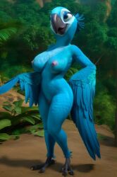 20th_century_fox 20th_century_studios ai_generated anthro avian avian_humanoid beak bird blue_sky_studios breasts epstar14 feathered_wings feathers female female_only jewel_(rio) jungle jungle_background macaw naked neotropical_parrot pussy rio_(film) rio_(series) rio_2 smiling solo talons wings