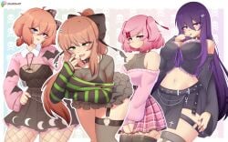 4girls absurd_res breasts crossed_hair-clip doki_doki_literature_club english_text female female_only goth goth_girl hi_res large_breasts leaning_forward light-skinned_female light_skin looking_at_viewer midriff monika_(doki_doki_literature_club) multiple_girls natsuki_(doki_doki_literature_club) raionart sayori_(doki_doki_literature_club) skirt solo text thighhighs thighs yuri_(doki_doki_literature_club)