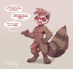 angry anthro balls brown_body brown_fur claws ear_piercing ear_ring english_text erection finger_claws fluffydisk42 foreskin fur genitals guardians_of_the_galaxy head_tuft hi_res male marvel marvel_rivals navel nude penis piercing red_eyes ring_piercing rocket_raccoon short_stack solo text toe_claws tuft