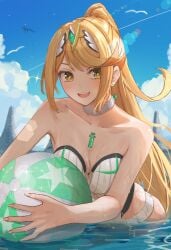 1girls amausa_subee ball bare_shoulders beachball big_breasts bikini blonde_hair blush cleavage collarbone core_crystal earrings high_ponytail high_res jewelry long_hair mythra nintendo partially_submerged swimsuit water white_bikini xenoblade_(series) xenoblade_chronicles_2 yellow_eyes