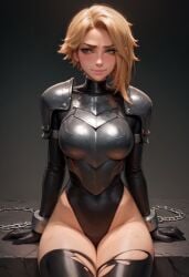 1girls ai_generated blonde_hair bondage captive captured captured_heroine defeated defeated_heroine female knight petite shackles skin_tight thighhighs veve