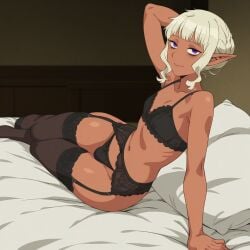 ai_generated dark_skin dungeon_meshi femboy lingerie purple_eyes solo thistle_(dungeon_meshi) white_hair