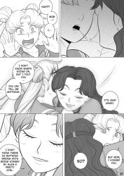 after_kiss age_difference bishoujo_senshi_sailor_moon black_and_white comic english english_text hugging ikuko_tsukino incest manga monochrome mother_and_daughter older_female older_female_and_younger_female sailor_moon saliva_string saliva_trail tdf usagi_tsukino yuri