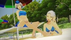 2girls 3d beach beach_chair beach_umbrella bikini bikini_skirt blue_bikini blue_swimsuit breasts clouds dochaunt24 elizabeth_(persona) hairband hat lipstick looking_at_viewer margaret_(persona) medium_breasts midriff navel outside persona persona_3 persona_4 ponytail sandals short_hair sky swimsuit swimsuit_skirt trees white_hair yellow_eyes