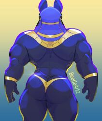 1boy anthro anthro_only anubis ass back_view bara bara_ass bara_butt beetleartz behind_view big_ass big_butt bigbchevalier bubble_butt dat_ass gold_(metal) gold_accessory gold_armlet gold_thong gradient_background humanoid humanoid_only male male_only muscles muscular muscular_anthro muscular_arms muscular_ass muscular_back muscular_butt muscular_humanoid muscular_legs muscular_male small_waist solo_anthro solo_focus solo_male tail thick_thighs thong