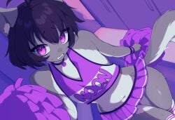 black_hair cheerleader cheerleader_uniform choker countershade_arms countershade_tail countershade_thighs countershade_torso countershading feminine_male gray_fur kneehighs noonnoon notnoonnoon pom_poms purple_eyes skirt tagme tail tank_top wide_hips worried_expression wristband