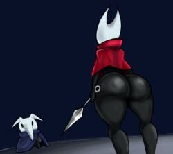 ambiguous_gender anthro arthropod ass big_butt black_body black_eyes blue_background blue_cloak blue_clothing bottomless cloak cloak_only clothed clothing duo empty_eyes female hi_res holding_object holding_weapon hollow_knight hornet_(hollow_knight) huge_butt insects rear_view red_cloak red_clothing simple_background sketchydrawin team_cherry thick_thighs weapon white_body wide_hips