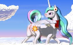 2017 absurd_res alicorn anatomically_correct anatomically_correct_pussy animal_genitalia animal_pussy ass caelacanthe cloud cutie_mark dock earmuffs equine equine_pussy feathered_wings feathers female feral friendship_is_magic hair hi_res horn long_hair looking_back mammal multicolored_hair my_little_pony outside princess_celestia_(mlp) pussy sky snow solo vein white_feathers wings winter