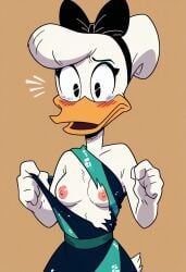 ai_generated blush daisy_duck ducktales_(2017) female female_only malfunction open_mouth suprised tearing_clothes tears torn_clothes wardrobe