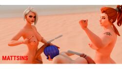 2futas 3d all_fours areolae ashe_(overwatch) ass balls beach beauty_mark belly big_breasts breasts brigitte cum eyeshadow female huge_penis juno_(overwatch) large_areolae makeup nipples nyl_ashe nyl_brigitte peace_sign penis ponytail puffy_nipples shoulder_tattoo sidelocks tagme tattoo testicles white_hair